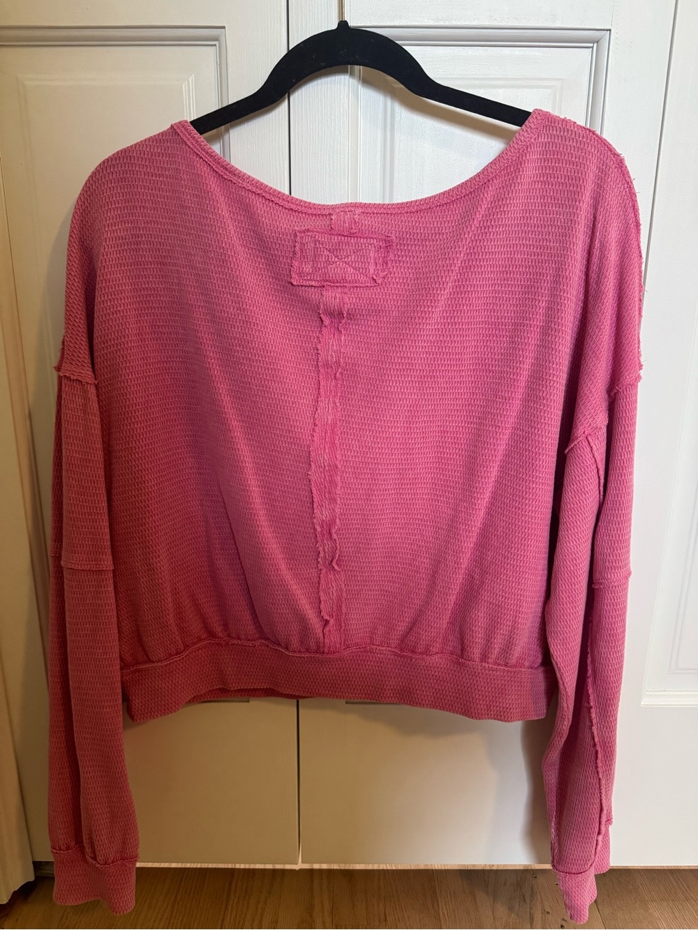 We The Free Rose Pink Waffle Long-Sleeve Off the Shoulder Cropped Top - Picture 3 of 3